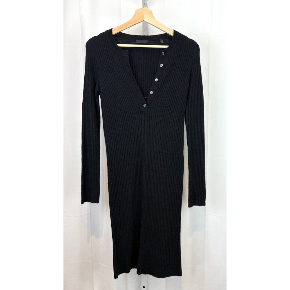 ATM Size XS Wide Ribbed Henley Midi Dress Long Sleeve Wool Cashmere Blend Black